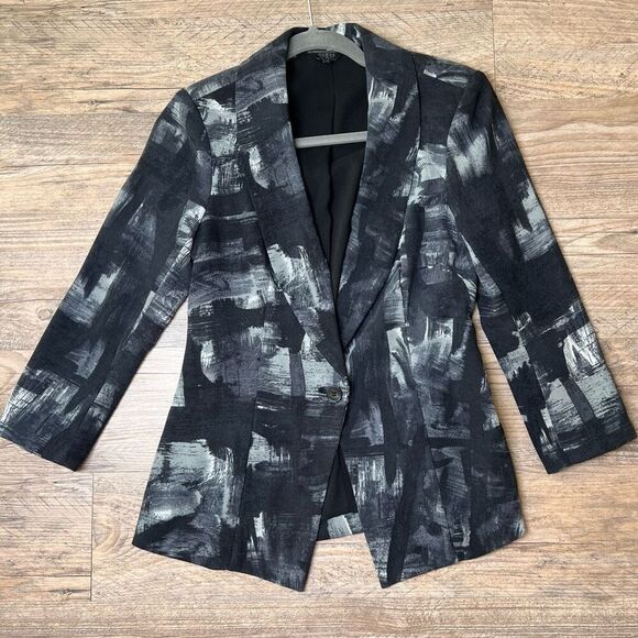 Guess Womens Black Gray Abstract Single‎ Button Shawl Lapel Lined Blazer Size XS - Picture 1 of 6